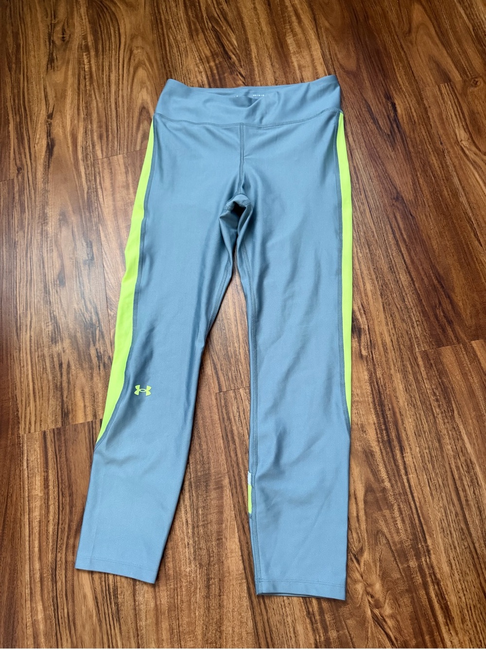 Under Armour Light Gray Performance Leggings with Neon Yellow Side Stripes